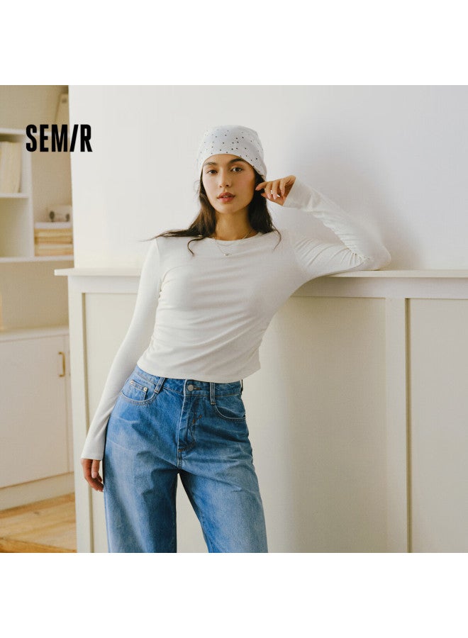 Semir Women's Long Sleeve T-shirt, Short Style, Slimming Fit, Heat-retaining Fleece, Solid Color Winter Wear, 109725101010 - Image 1