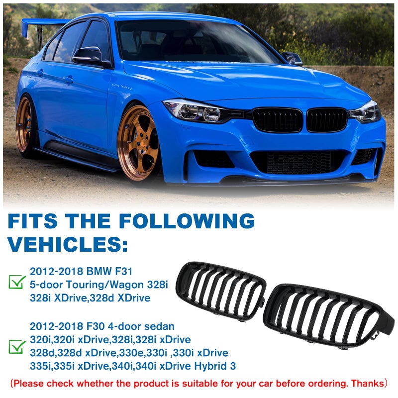 BILLDIO F30 Grille - Black Kidney Single slats Grill Compatible With BMW 3 Series F30 F31 2012-2018 320i 328i 328d 330e 330i 335i 340i 328i,ABS Gloss Black Kidney Grill - Image 4