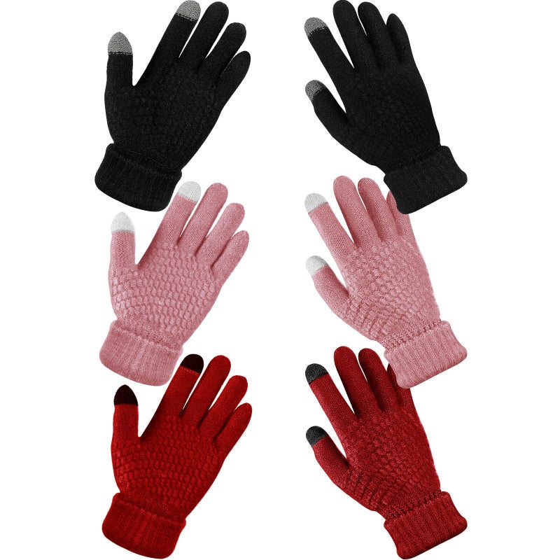 Jeere 3 Pairs Women's Winter Gloves Warm Women Touch Screen Knit Gloves Elastic Cuff Winter Mitten for Cold Weather, Black, Red, Pink, 4.70×8.27inch - Image 1