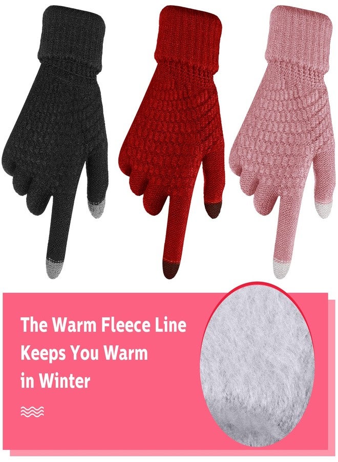 Jeere 3 Pairs Women's Winter Gloves Warm Women Touch Screen Knit Gloves Elastic Cuff Winter Mitten for Cold Weather, Black, Red, Pink, 4.70×8.27inch - Image 3
