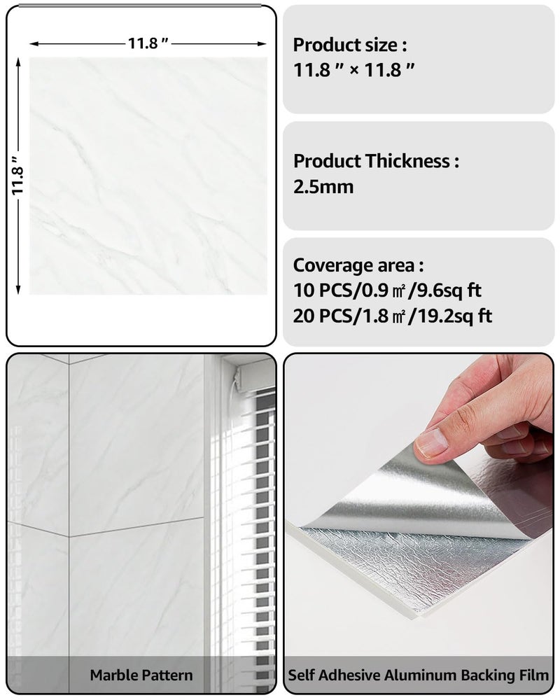 WADILE واديلي 20 قطعة بلاط حائط مائي قابل للتقشير واللصق، 11.8"x11.8" ألواح PVC ذاتية اللصق للحمام والمطبخ وغرفة المعيشة باللون الأبيض الفاتح (ليس بلاط حقيقي) - Image 2