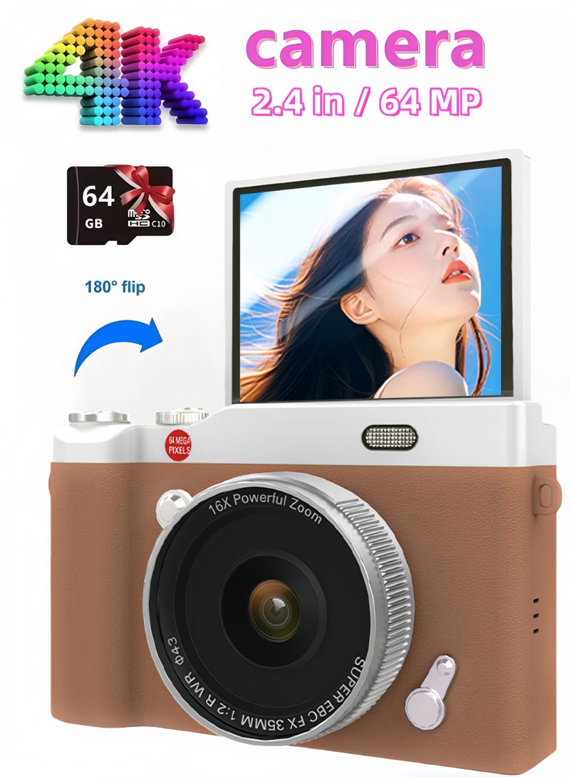 LAYRA 4K CCD Digital Zoom Student Digital Camera 64MP Portable Digital Photography Camera 180° Flip Screen Selfie Camera，with 64GB SD card  - Image 1