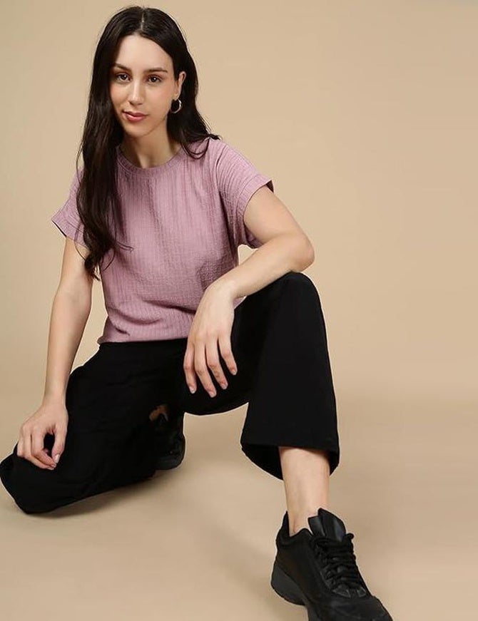 fyltr Women's Solid Regular Fit Textured T-Shirt | Cap Sleeves | Comfortable | Casual Tops for Women | Westernwear - Image 5