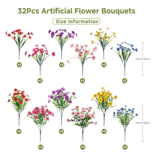 Alupssuc 32 Bundles Artificial Flowers for Outdoors Decoration, UV Resistant Silk Faux Floral Spring Fake Plastic Plants Greenery for Outside Indoor Home Garden Porch Window Box Decor, Mix 6 Colors - Image 3