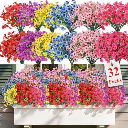 Alupssuc 32 Bundles Artificial Flowers for Outdoors Decoration, UV Resistant Silk Faux Floral Spring Fake Plastic Plants Greenery for Outside Indoor Home Garden Porch Window Box Decor, Mix 6 Colors - Image 1