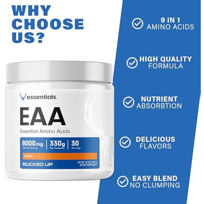 Bucked Up Essential Amino Acids - EAA Powder - Easy Mix, Non Clumping Formula - for Pre/Intra Workout - Peach Flavor - 30 Servings - 11.6 oz - Image 3