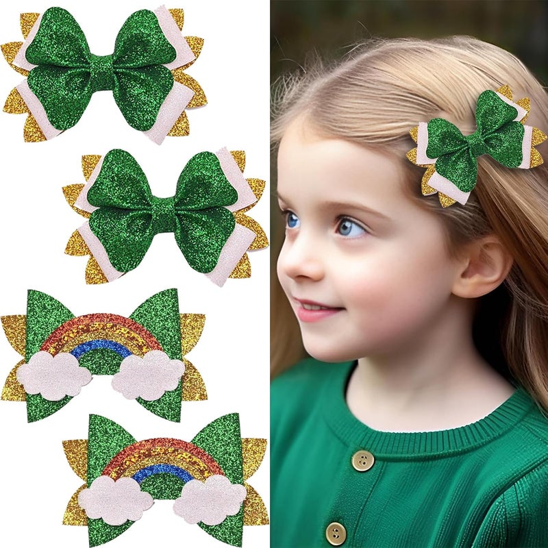 4 Pcs St Patricks Day Hair Clips Bow Hair Accessories Cute Rainbow Pattern Glitter Sparkly Hair Barrettes Holiday Headdress Hairpin for Girls Women Kids Party Cosplay Gift
