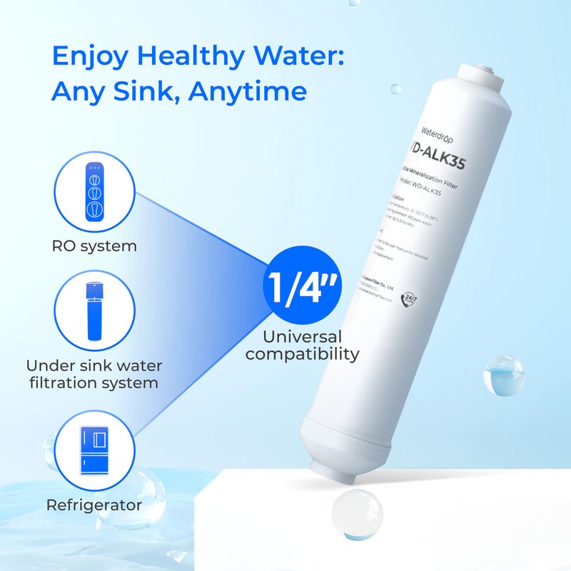 Waterdrop ð€ð¥ð¤ðšð¥ð¢ð§ðž Water Filter WD-ALK35, Alkaline Filter for Reverse Osmosis System, pH Balance and Restore Minerals for RO Alkaline Filter, Under Sink Water Filter, 1/4" Quick Connect - Image 3