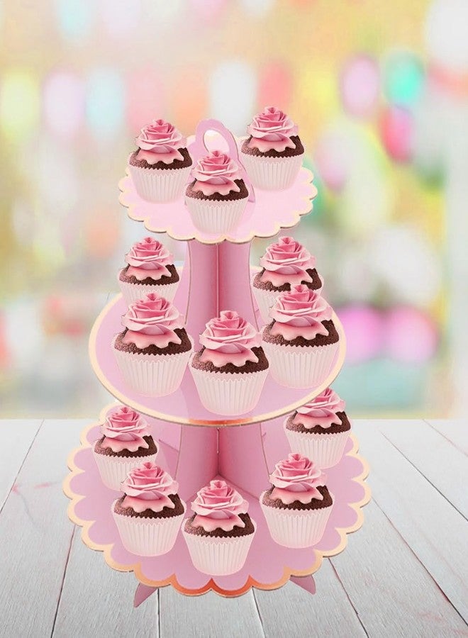 MRPAPA Pink Cupcake u0026 Cake Stand Tray, 3-Tiered Cardboard Cupcake Stand, Easy Assemble Dessert Stand Holder for Party , Girls Baby Shower - Image 2