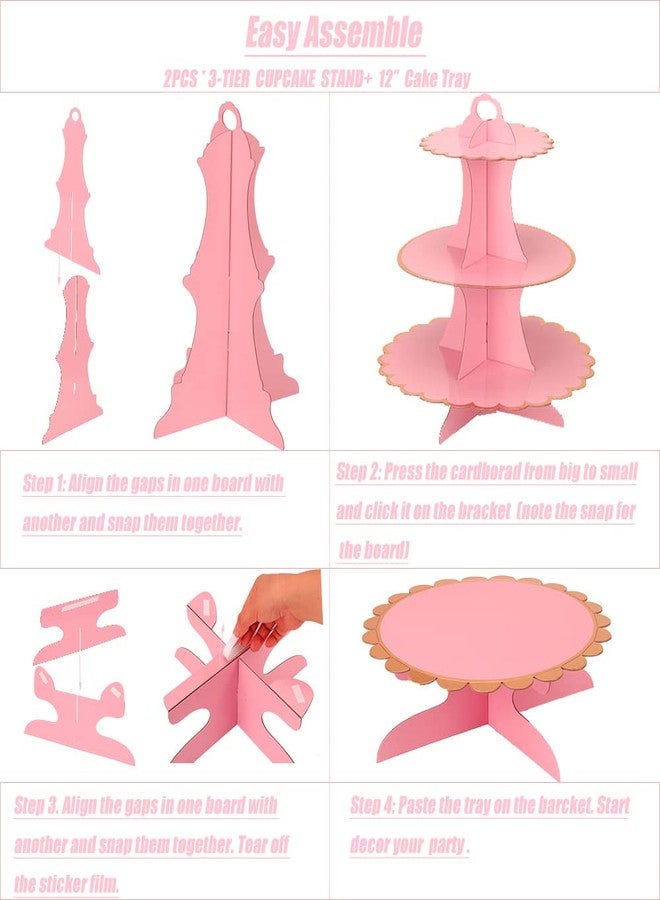 MRPAPA Pink Cupcake u0026 Cake Stand Tray, 3-Tiered Cardboard Cupcake Stand, Easy Assemble Dessert Stand Holder for Party , Girls Baby Shower - Image 3