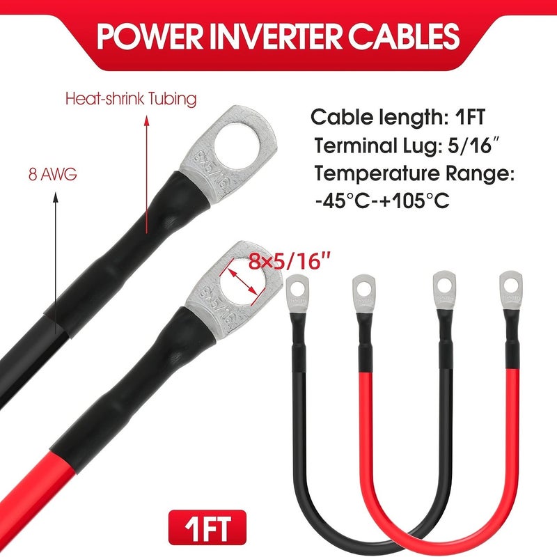 8 Awg Battery Cable Set 5/16 Inch Terminals 2 Ft Lengths 4 Piece Red And Black Wires For Boat Car Rv - Image 5