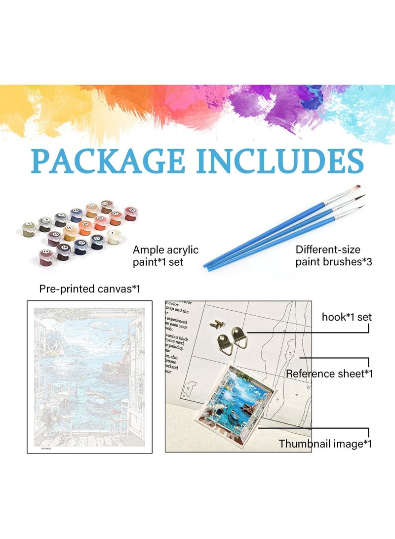 مجموعة طلاء حسب الرقم للبالغين، لوحة قماشية لمنظر بحري، لوحة فنية للمبتدئين، ديكور حائط منزلي، هدية للبالغين، 16 × 20 بوصة - Image 4