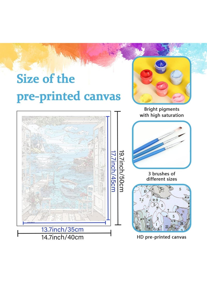 مجموعة طلاء حسب الرقم للبالغين، لوحة قماشية لمنظر بحري، لوحة فنية للمبتدئين، ديكور حائط منزلي، هدية للبالغين، 16 × 20 بوصة - Image 2