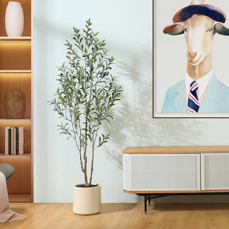 LOMANTO Artificial Olive Trees, 6 ft Tall Fake Olive Trees for Indoor, Faux Olive Silk Tree, Large Olive Plants with White Planter for Home Decor and Housewarming Gift, 1 Pack - Image 1