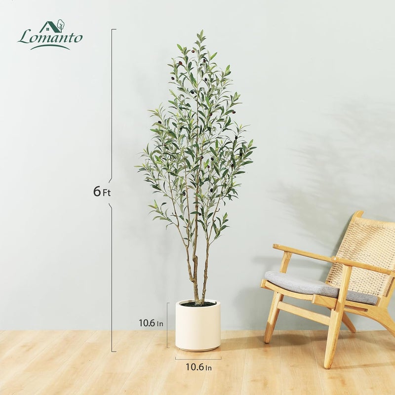 LOMANTO Artificial Olive Trees, 6 ft Tall Fake Olive Trees for Indoor, Faux Olive Silk Tree, Large Olive Plants with White Planter for Home Decor and Housewarming Gift, 1 Pack - Image 3