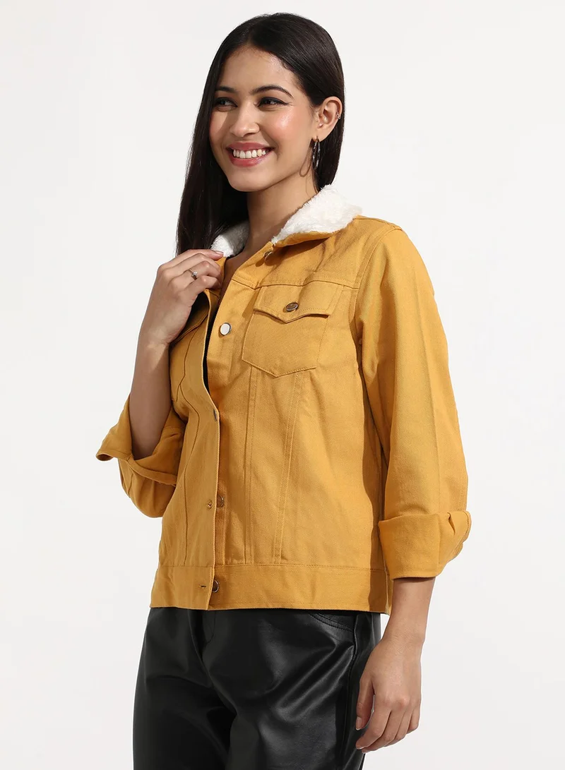 Campus Sutra Women's Yellow Front-Button Jacket With Fur Details For Casual Wear | Spread Collar  | Long Sleeve | Button Closure | Cotton Jacket Crafted With Comfort Fit For Everyday Wear