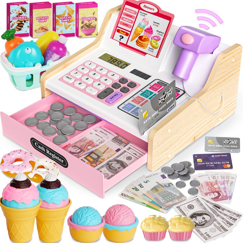 maysida Wooden Cash Register for Kids Rechargeable Kids Cash Register with Scanner Pretend Play Cash Register Toy with Fake Money Food Credit Card Toddler Boys Girls Age 24 48 Pink - Image 3