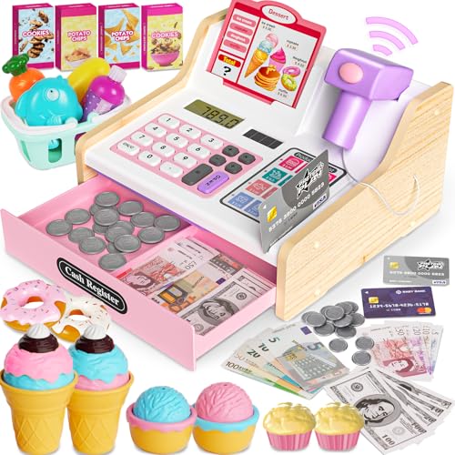 maysida Wooden Cash Register for Kids Rechargeable Kids Cash Register with Scanner Pretend Play Cash Register Toy with Fake Money Food Credit Card Toddler Boys Girls Age 24 48 Pink - Image 1