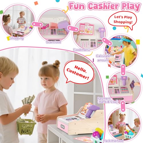 maysida Wooden Cash Register for Kids Rechargeable Kids Cash Register with Scanner Pretend Play Cash Register Toy with Fake Money Food Credit Card Toddler Boys Girls Age 24 48 Pink - Image 5
