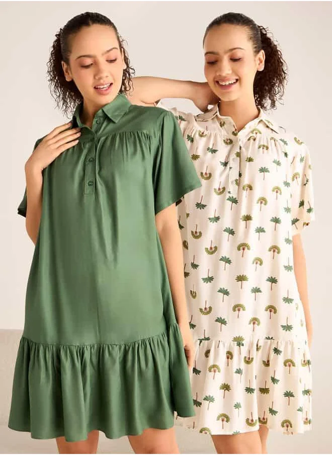 FAV Set of 2 - Assorted Night Dress with Collar and Short Sleeves