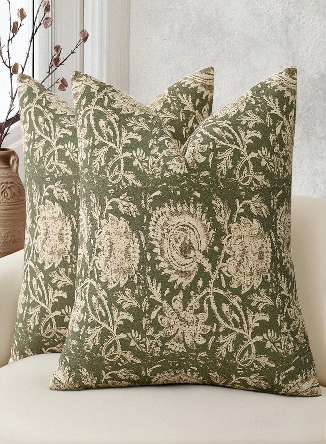 DKwizme Vintage Floral Print Throw Pillow Covers 22x22 Set of 2 Neutral Modern Farmhouse Accent Decorative Cushion Covers Boho Home Decor for Couch Sofa Chair Bed Living Room, Olive Green - Image 1