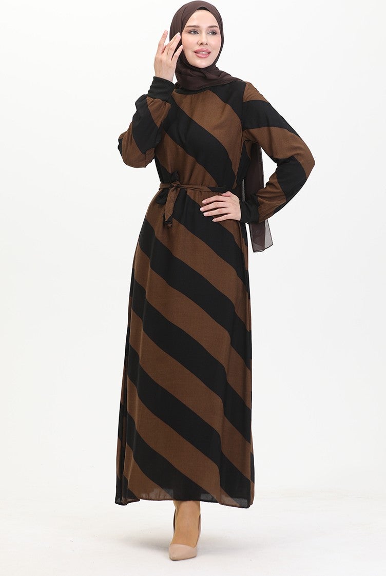 Sefa Merve Geometric Patterned Belted Viscose Dress 0460-01 Black Brown  - Image 2