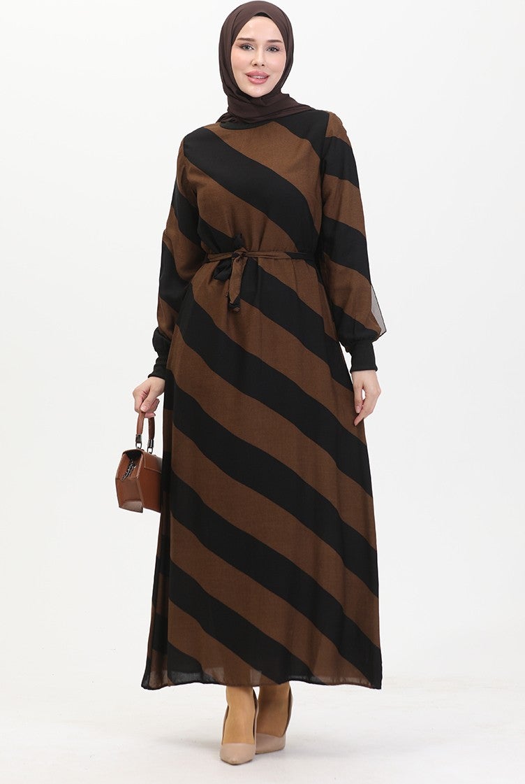 Sefa Merve Geometric Patterned Belted Viscose Dress 0460-01 Black Brown  - Image 1