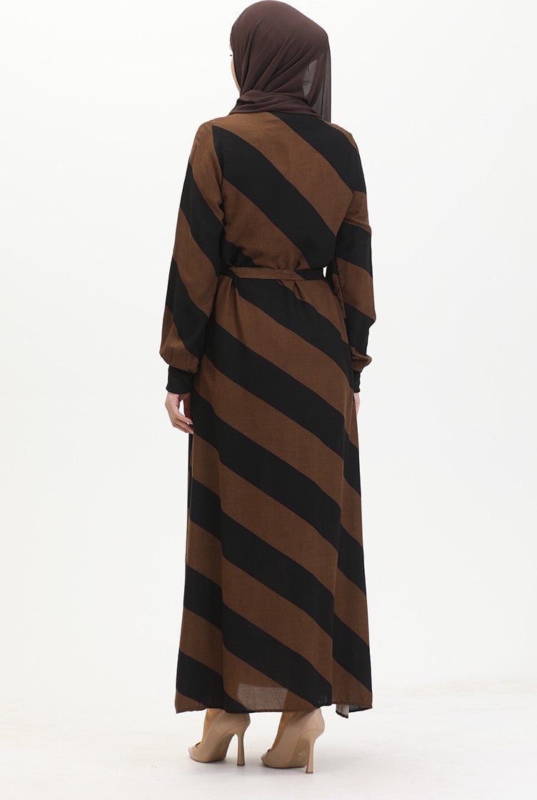 Sefa Merve Geometric Patterned Belted Viscose Dress 0460-01 Black Brown  - Image 5