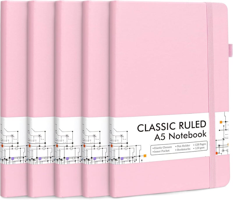 Feela 5 Pack Notebooks Journals Bulk, Hardcover Notebook Classic Ruled Lined Journals with Pen Holder for Women Girls School Business Supplies, with 5 Black Pens, 120 GSM, 5.1”x8.3”, A5, Rose Pink - Image 1