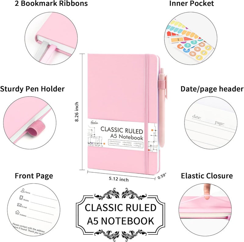 Feela 5 Pack Notebooks Journals Bulk, Hardcover Notebook Classic Ruled Lined Journals with Pen Holder for Women Girls School Business Supplies, with 5 Black Pens, 120 GSM, 5.1”x8.3”, A5, Rose Pink - Image 2
