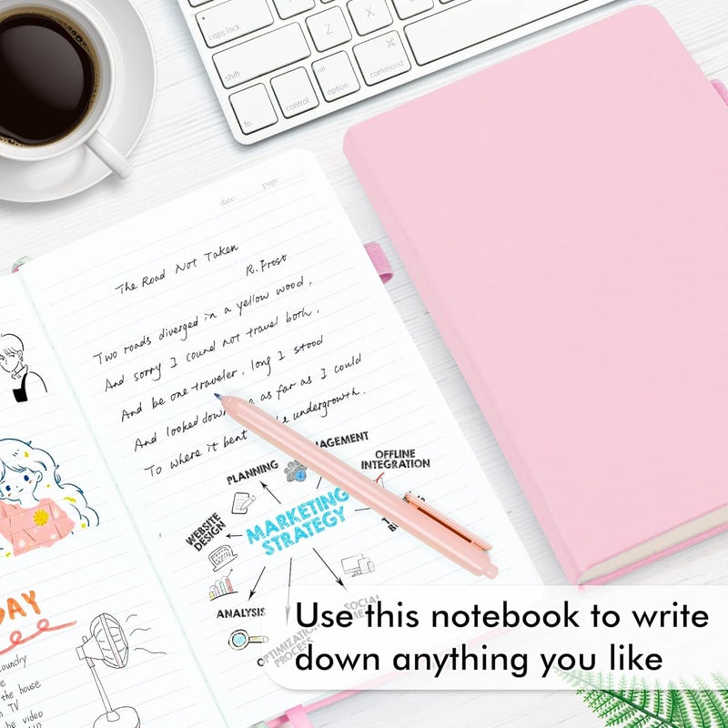 Feela 5 Pack Notebooks Journals Bulk, Hardcover Notebook Classic Ruled Lined Journals with Pen Holder for Women Girls School Business Supplies, with 5 Black Pens, 120 GSM, 5.1”x8.3”, A5, Rose Pink - Image 4