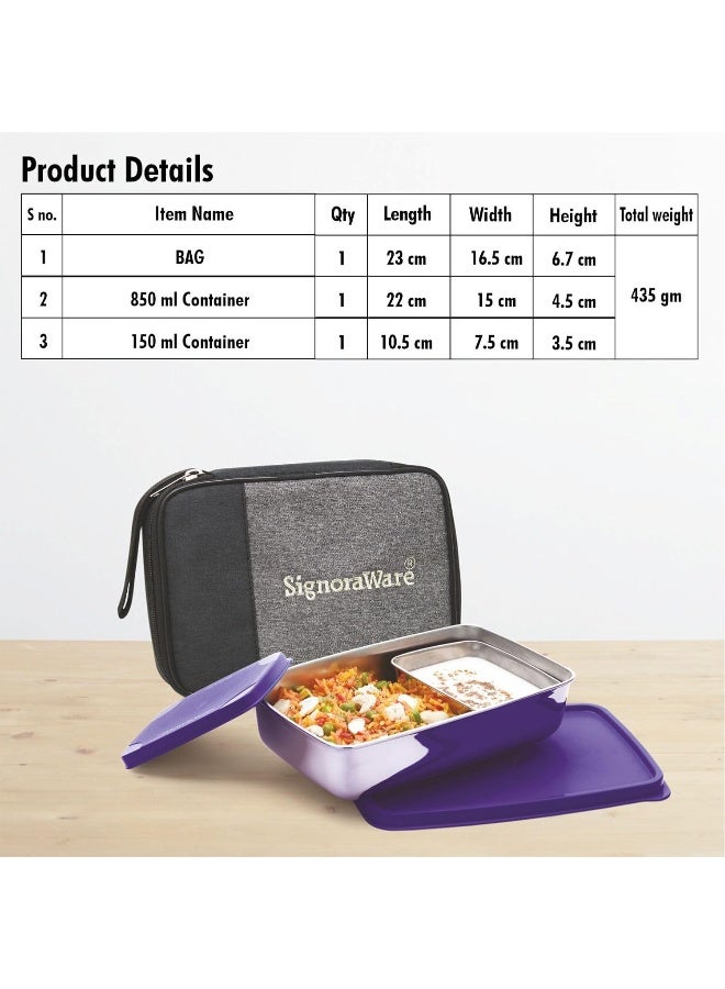 SignoraWare 150ml+850ml Big Compact Stainless Steel Lunch Box with Bag, Food Grade BPA Free Plastic - Image 4