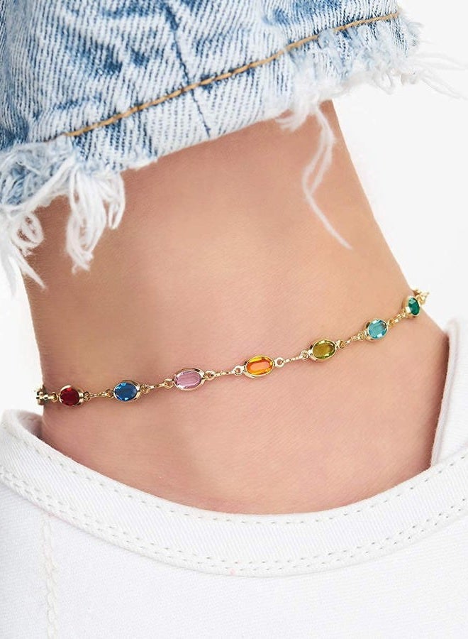 Barzel 18K Gold Plated Gold and Multi Color Crystal Baguette Anklet (Multicolor Dark Oval) - Image 2