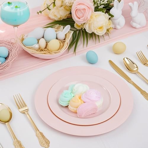 FLOWERCAT 100PCS Pink Plastic Plates - Heavy Duty Pink Party set Disposable serve for 50 guests -10 inch Dinner + 7 inch Dessert/Salad Plates for Easter,Birthday Party,Mother's Day - Image 5
