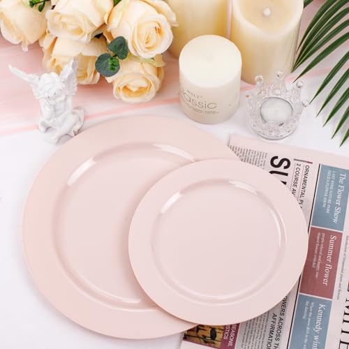 FLOWERCAT 100PCS Pink Plastic Plates - Heavy Duty Pink Party set Disposable serve for 50 guests -10 inch Dinner + 7 inch Dessert/Salad Plates for Easter,Birthday Party,Mother's Day - Image 4