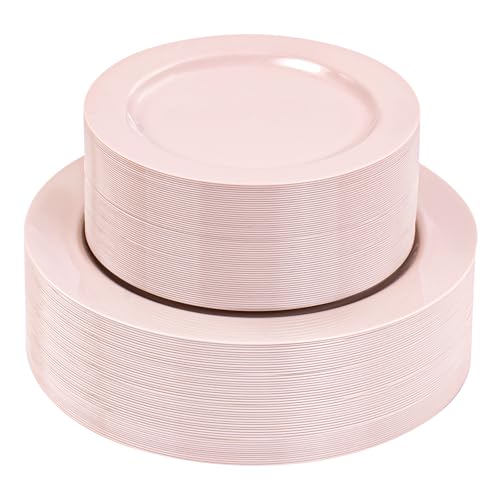 FLOWERCAT 100PCS Pink Plastic Plates - Heavy Duty Pink Party set Disposable serve for 50 guests -10 inch Dinner + 7 inch Dessert/Salad Plates for Easter,Birthday Party,Mother's Day - Image 2