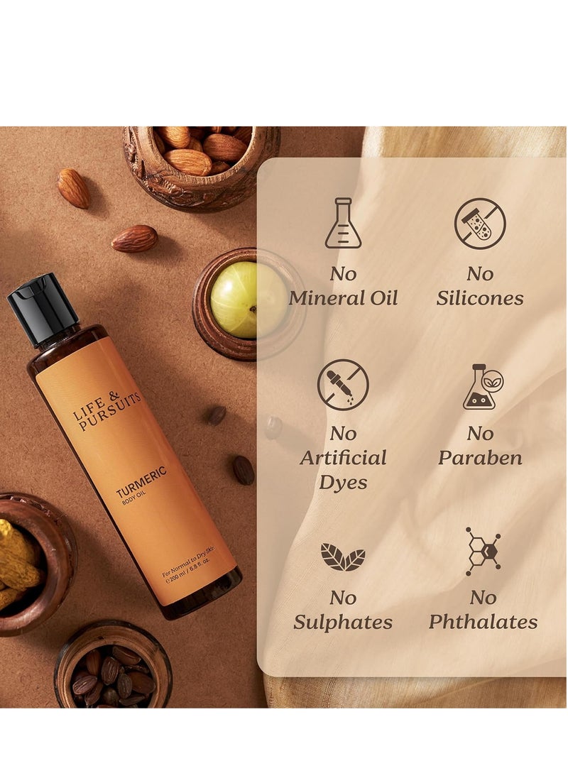 Life & Pursuits - Life & Pursuits Turmeric Body Oil 6.8 Fl Oz - Ayurvedic Massage Oil with Vitamin E, Coconut Oil, Almond Oil & Squalane| Reduces Dark Spots, Brightens Skin, Hydrates & Moisturizes (6.8 Fl Oz) - Image 1