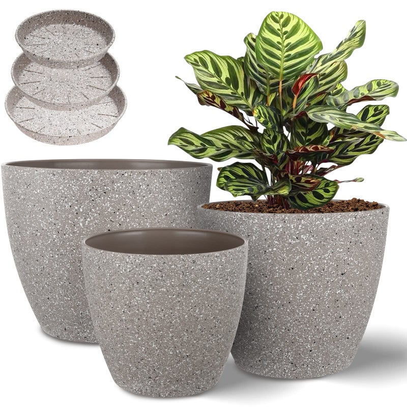 أواني نباتات فاناوازون 987 بوصة مجموعة من 3 أصص زهور داخلية وخارجية بلاستيكية مع فتحة تصريف وصينية بلون بيج مرقط