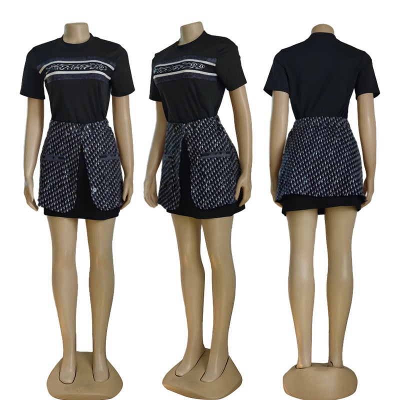 J5029 European and American Cross-Border Womens Clothing Fashionable Casual Printed T-Shirt Short-Sleeved + Short Skirt Two-Piece Set No. 1 # Black d