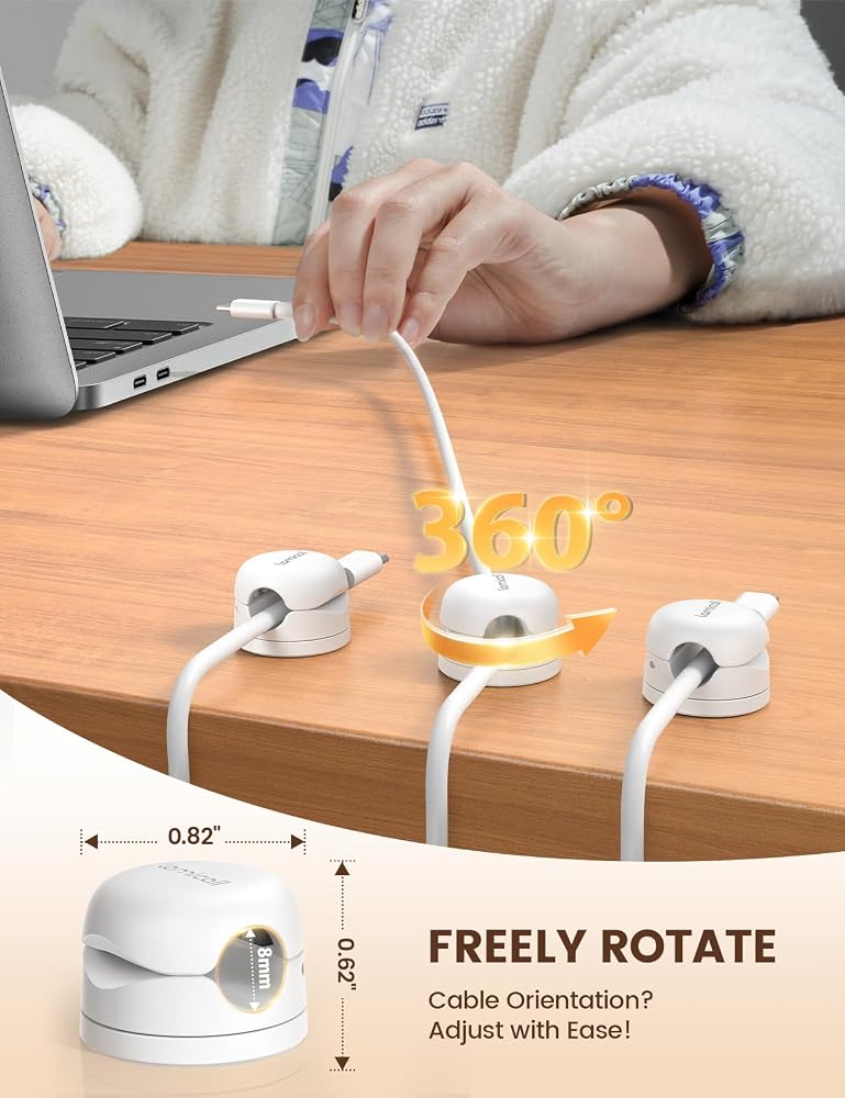 Lamicall 6Pack Cord Organizer, [Upgrade Rotatable] Spring Cable Holder - Lamicall [1s Lock] Cable Clips, Desk Phone Charger Cord Management Holder, Adhesive USB Wire Organizer Keeper (White) - Image 2