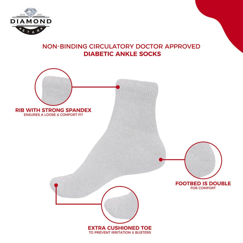 Diamond Star Diabetic Ankle Socks, Non-Binding Circulatory Doctor Approved Cushion Cotton Quarter Socks for Menâ€™s Womenâ€™s (6 Pack White, Men's 10-13 Shoe Size 7-12) - Image 4