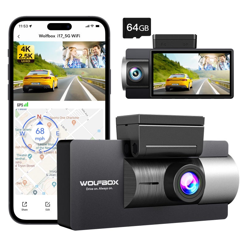 WOLFBOX i17 4K 3-Channel Dash Cam with WiFi, GPS & 64GB Card - Image 2