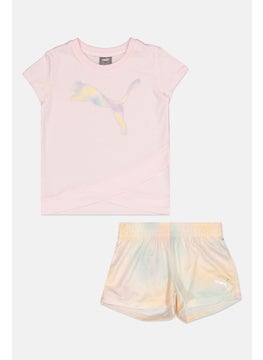 PUMA Kids Girl 2 Pieces Sportswear Fit Short Sleeves T-Shirt And Short Set, Pink Combo  - Image 1