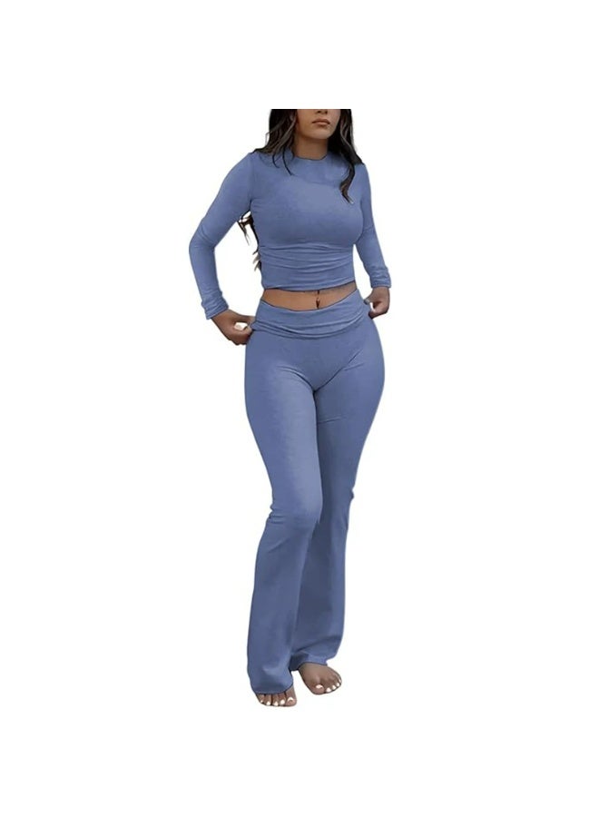 general ZFLM Casual Workout Two Piece Outfits Long Sleeve High Waist Fold-Over Flared Leggings Pants Tracksuit Sets Streetwear - Image 1