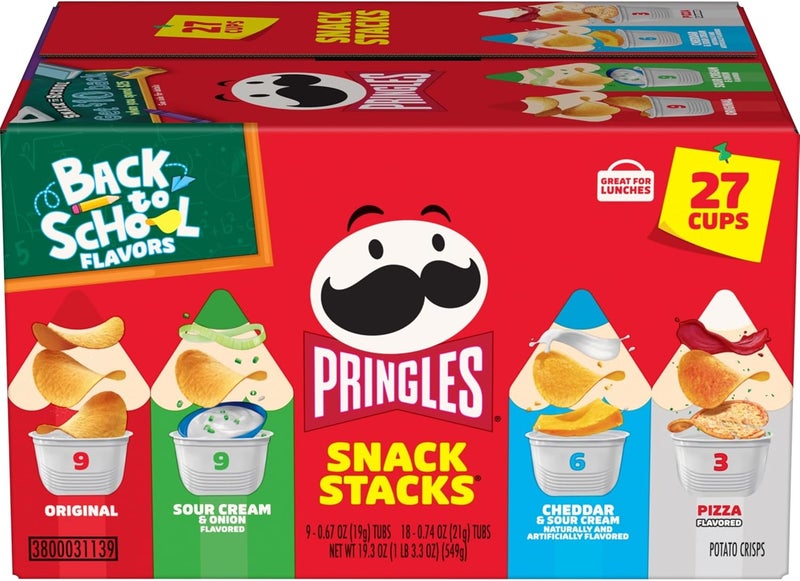 Pringles Snack Stacks Variety Pack - 27 Cups of Potato Crisps with Original, Sour Cream & Onion, Cheddar & Sour Cream, and Pizza Flavors - Image 1