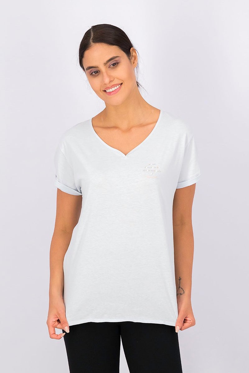 TRIUMPH Women V-neck Short Sleeve Top, Light Blue - Image 1