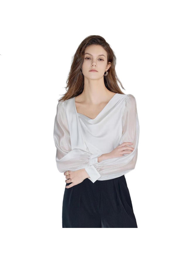 Dme French Pearl Soft Light Feeling Shirt Elegant Dangling Collar Bubble Sleeve Slimming Shirt Women'S Top Beige L - Image 2