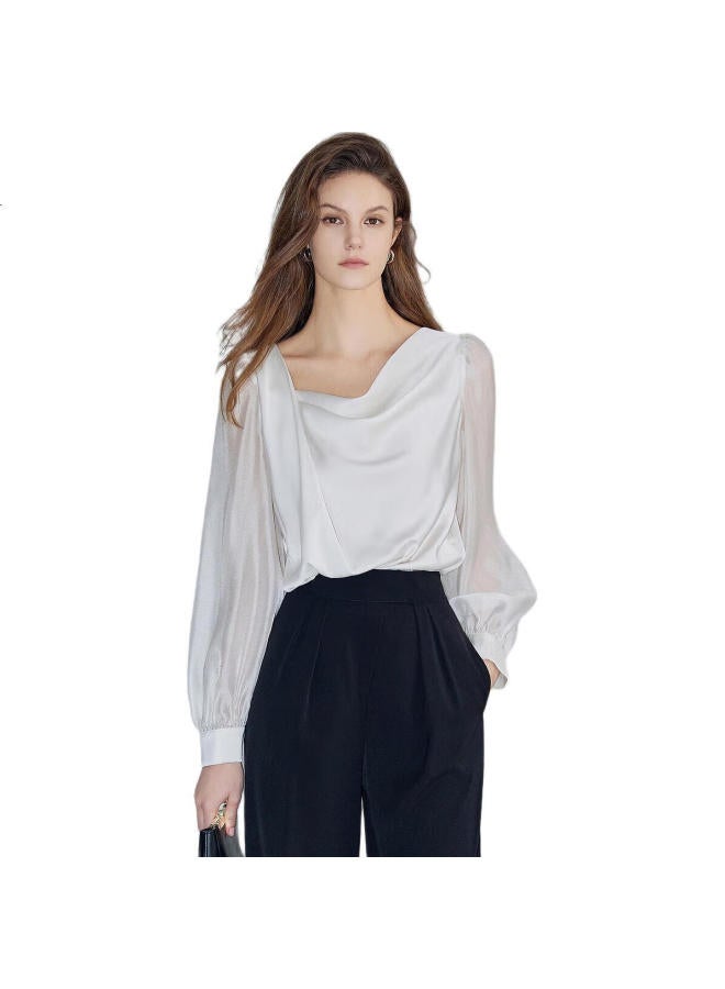 Dme French Pearl Soft Light Feeling Shirt Elegant Dangling Collar Bubble Sleeve Slimming Shirt Women'S Top Beige L - Image 3