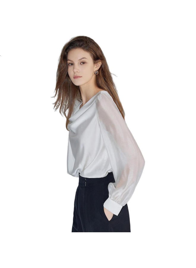 Dme French Pearl Soft Light Feeling Shirt Elegant Dangling Collar Bubble Sleeve Slimming Shirt Women'S Top Beige L - Image 1