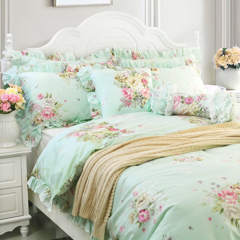 FADFAY Light Robin Egg Blue Duvet Cover Sets Floral Girls Bedding Set 100 Cotton Ruffled Farmhouse Bedding for Women Elegant Garden Style Dorm Bedding 3Piece Full Size